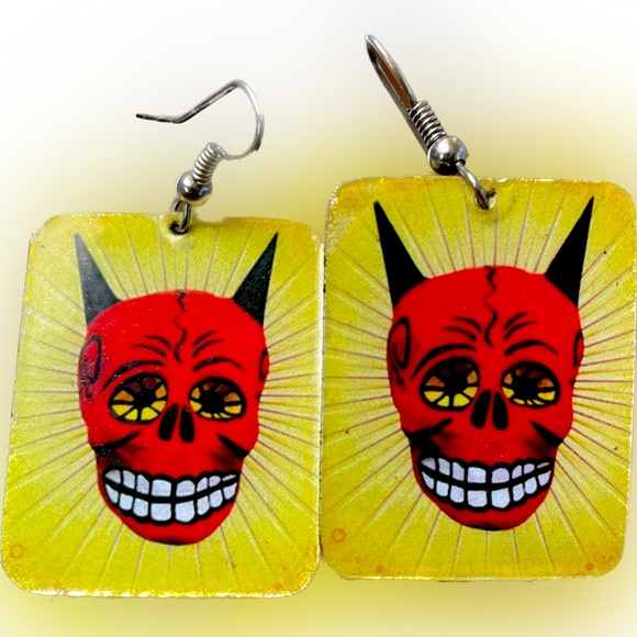 Lightweight, & colorful earrings with images of smiling devil masks. Handmade. - Picture 1 of 2
